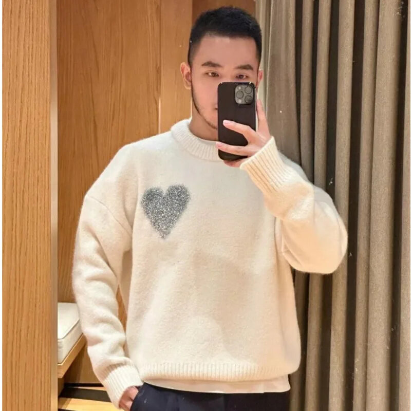 2024 Autumn Men Fashion Sweatshirt A Letter Heart Embroidered Pullover Casual Loose Cotton Sweatshirt Women's And Men's Clothing