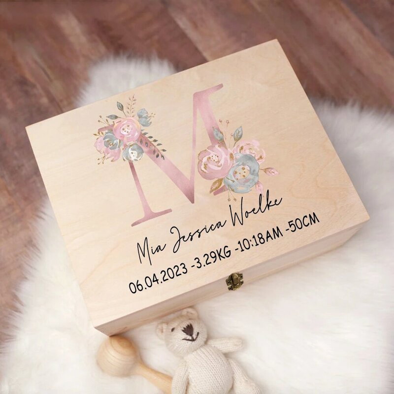 Boîte de mémoire personnalisée Keepplex pour bébé, boîte en bois imprimée de fleurs et de lettres, cadeau de naissance pour nouveau-né, boîte de statistiques de naissance
