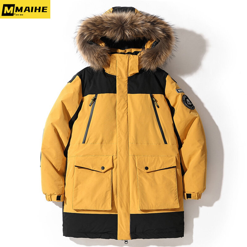 Jaqueta masculina de comprimento médio com capuz, versão coreana, moda casual, casaco de parka, roupa de homem, inverno, novo, 2023