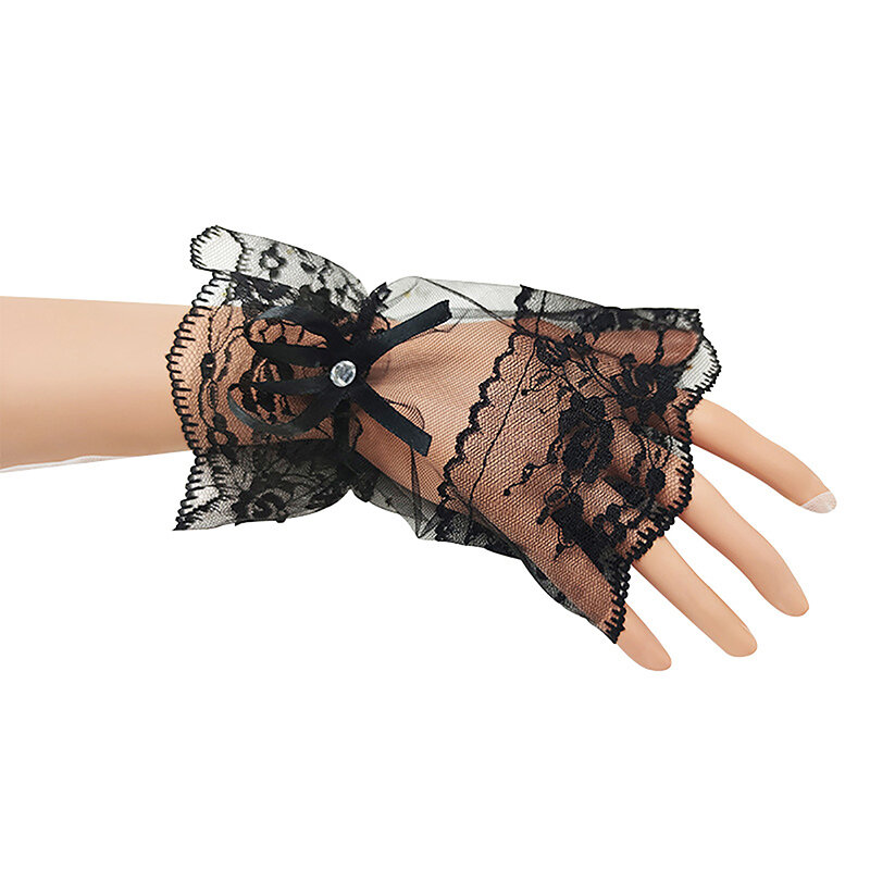1 para damskich czarnych koronkowych rękawiczek ze sztucznym rękawem mankiety na nadgarstek bransoletki imprezowe z filtrem z kokardą bez palców