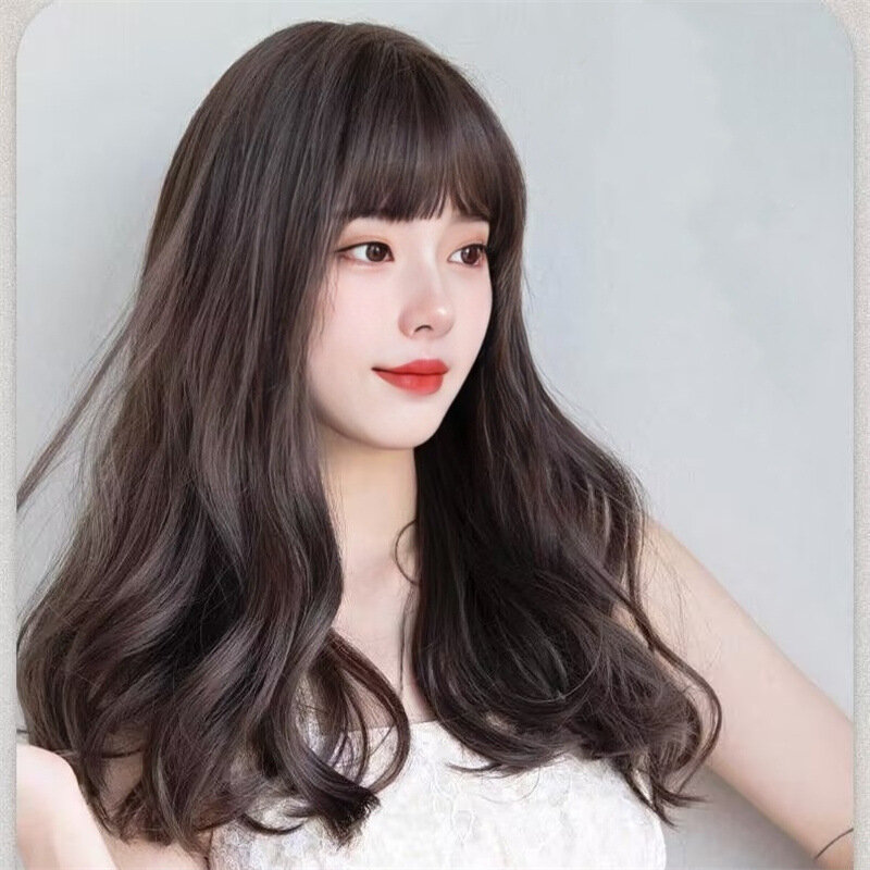 Internetowa peruka celebrytów dla kobiet: symulowane włosy, duża fala, na całą głowę okładka, koreański średnio długi z grzywką i lokami.