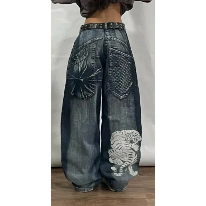 Джинсы в стиле хип-хоп Y2K с высокой талией, Стильные повседневные модные джинсовые брюки в стиле Харадзюку, уличный стиль, 2024