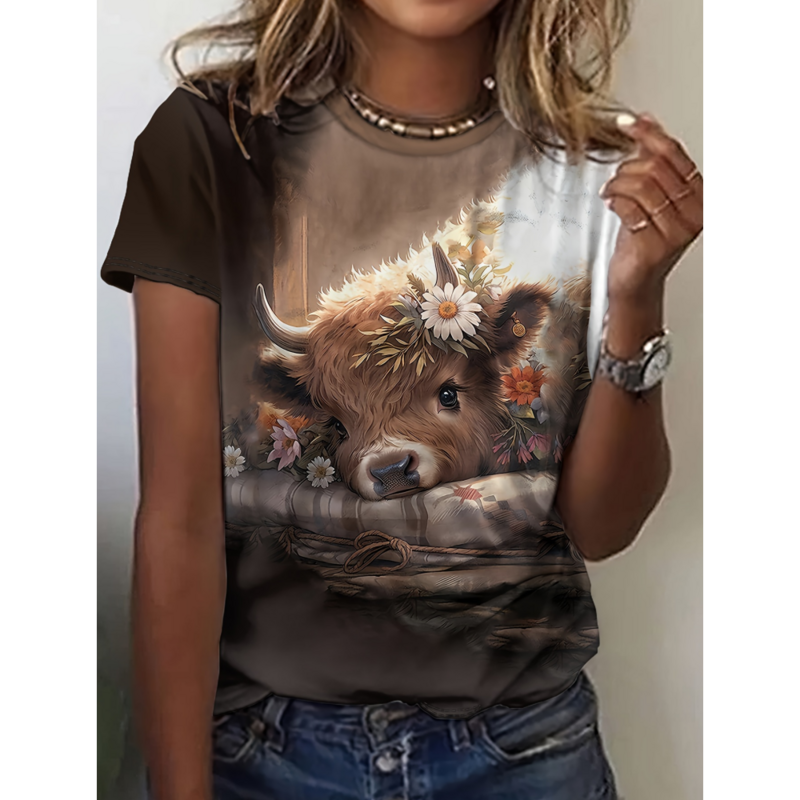 Camiseta engraçada dos animais dos desenhos animados feminino, manga curta, roupa feminina com o pescoço, personagens de desenhos animados, padrão fofo, 3D Print, casual