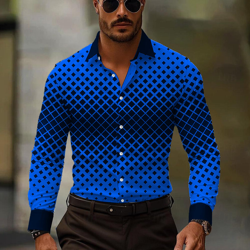 Koszula męska krata kwadratowa formalna jesienna zima wiosna lato klapa z długim rękawem modny guzik projekt odzieży męskiej 2024