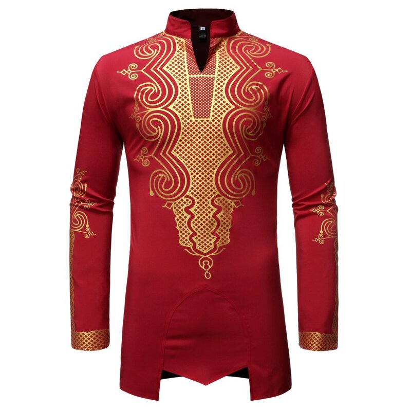 Camisa de estilo africano para hombre, camisa de longitud media con estampado dorado, moda musulmana de Dubai, Oriente Medio, Ramadán