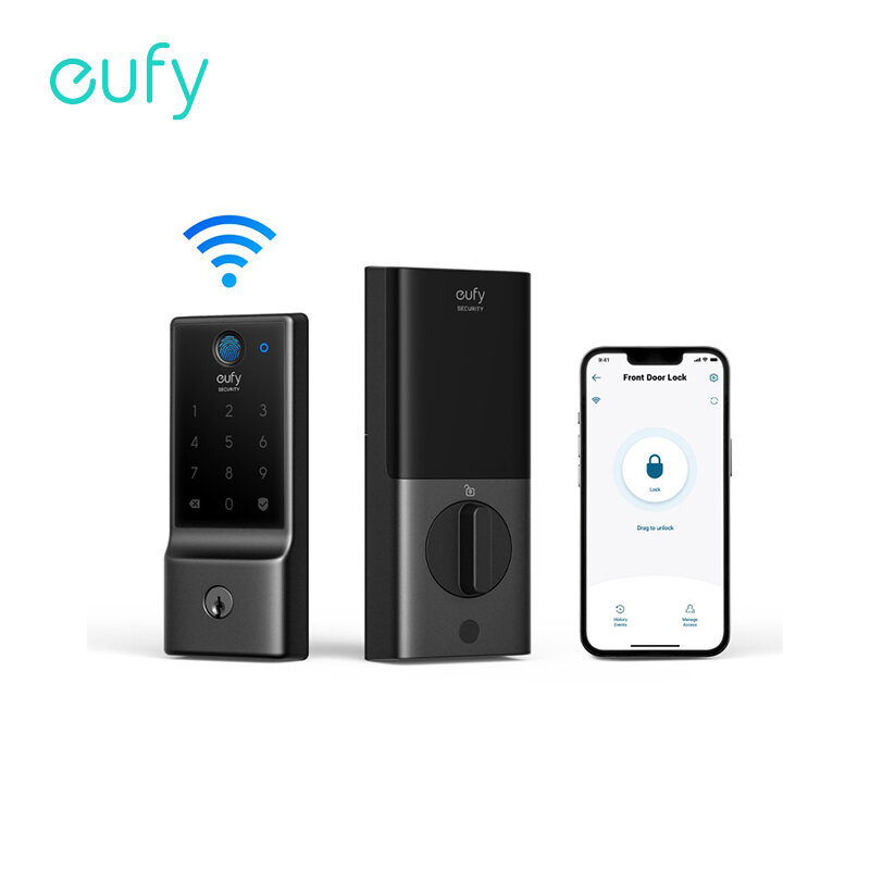 Eufy-Serrure intelligente de sécurité C220, empreinte digitale, serrure de porte d'entrée sans clé, Wi-Fi intégré, application, télécommande, serrure intelligente de porte d'entrée