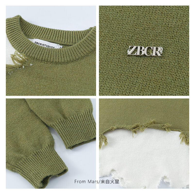 Нестандартный потертый свитер с прострочкой в американском контрастных цветах для мужчин и женщин, повседневный вязаный пуловер в стиле ретро с имитацией двух частей