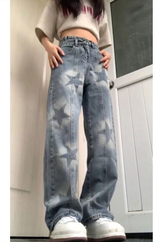 Американский хип-хоп прямые джинсы с завышенной талией для женщин на весну и осень в стиле Хай-стрит новый дизайн джинсовые брюки с широкими штанинами со звездами трендовые