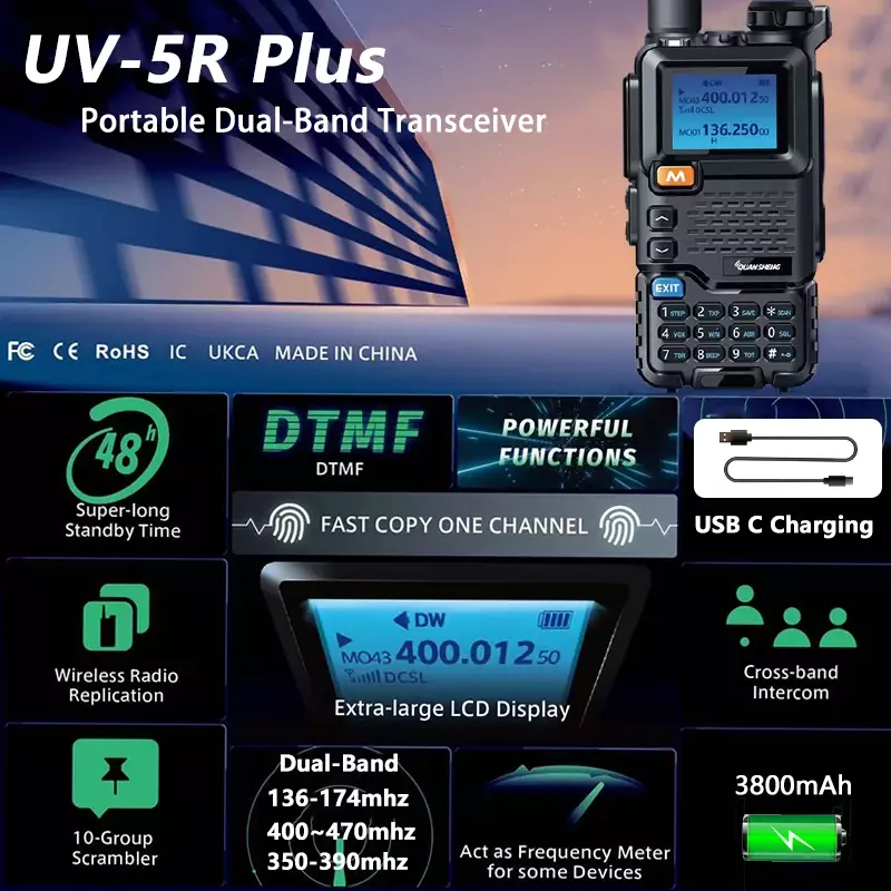 Quansheng-UV-5R Plus Walkie Talkie, 8W, 3800mAh, Tipo-C, Rádio em dois sentidos, Banda dupla, UHF, Transceptor VHF, UVK5, UV-K6 Rádio Amador