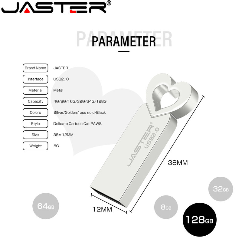 JASTER-memoria USB con logotipo personalizado, pendrive de Metal bonito de 128GB, 64GB, regalo creativo de boda, 32GB, 16GB