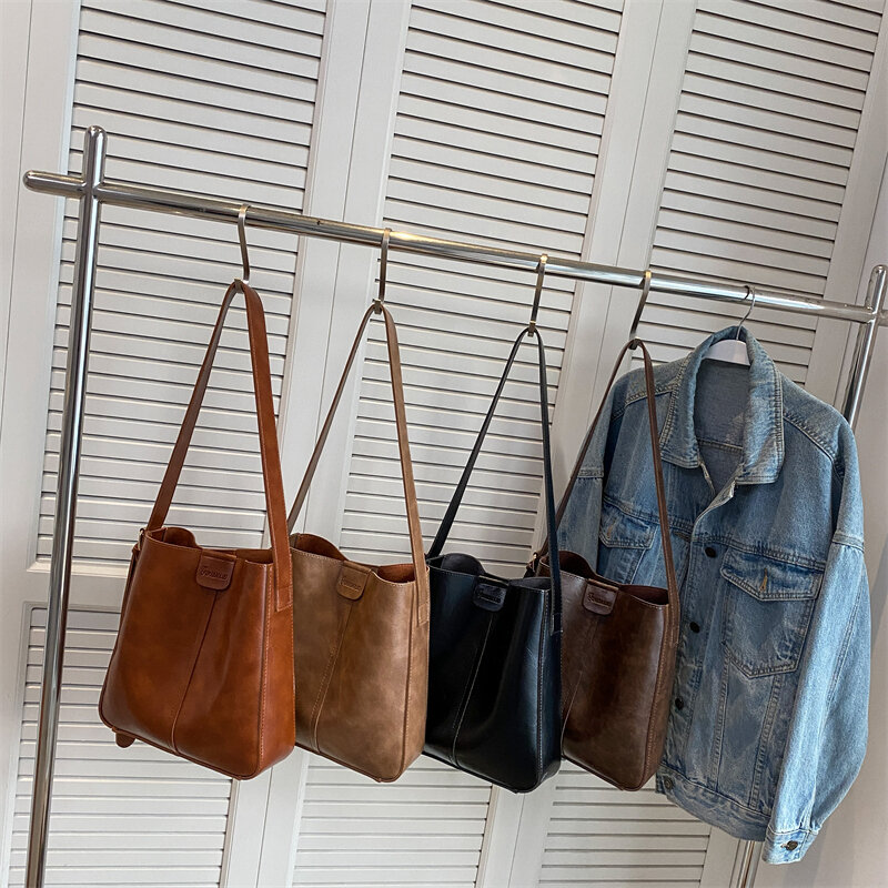MOODS tas Tote kulit PU lembut wanita, tas selempang bahu Retro tali lebar dengan dompet kecil kapasitas besar untuk pembeli