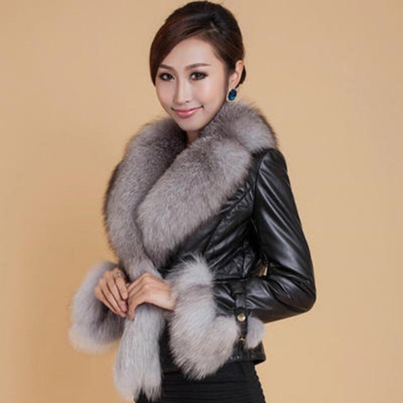 Winter New Women Imitation Fox Fur Collar Short Leather Coat Fashion Slim-Fitting Patchwork PU Leather Jacket Thickened Outwear
