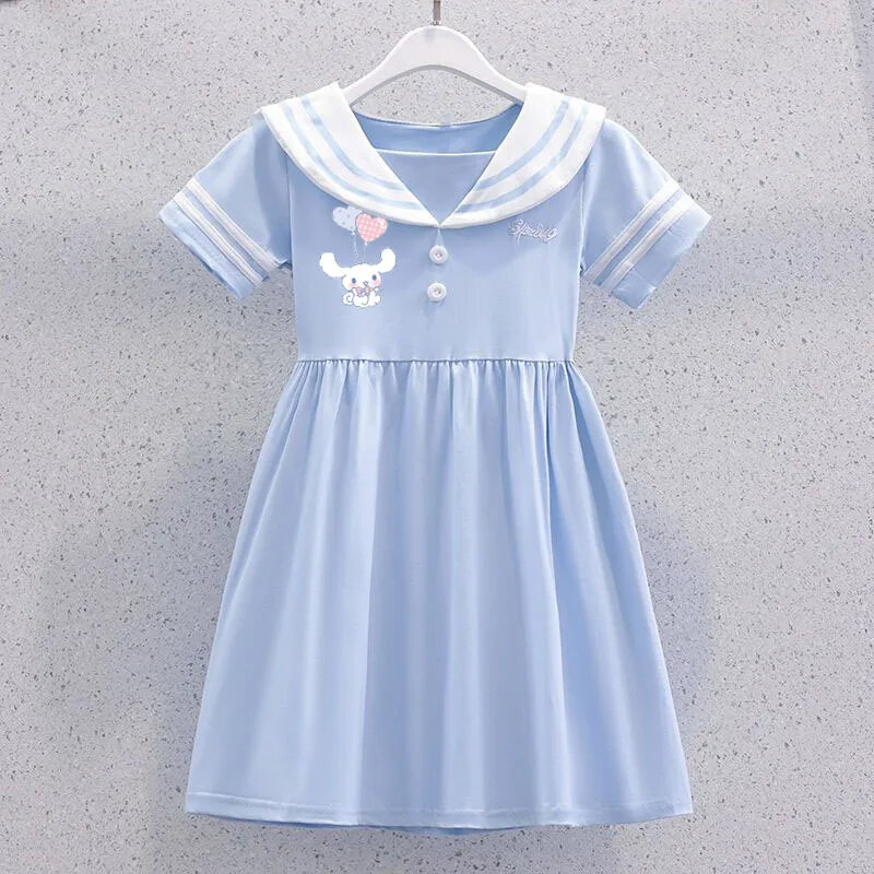 Sanrio Cinnamoroll infantil manga curta vestido de princesa com pescoço marinho, vestidos de bebê, roupas de festa, presente infantil, verão