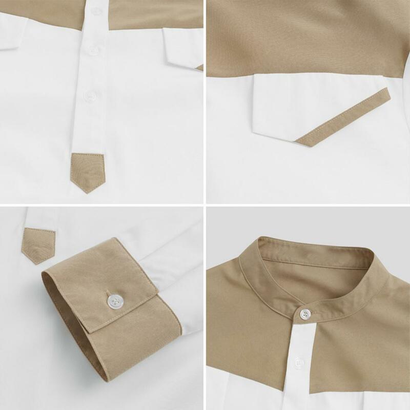 เสื้อคลุมแขนยาวคอจีนสำหรับผู้ชายเสื้อคลุมสไตล์ตะวันออกกลางทรงหลวมมีกระดุมผ่าครึ่งมีกระเป๋าสีตัดกัน
