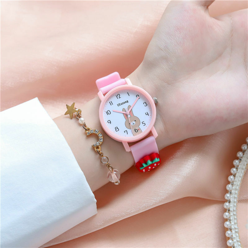대학생 심플한 귀여운 어린이 소녀 초등학생 토끼 만화 젤리 시계, 패션 쿼츠 시계 팔찌 세트