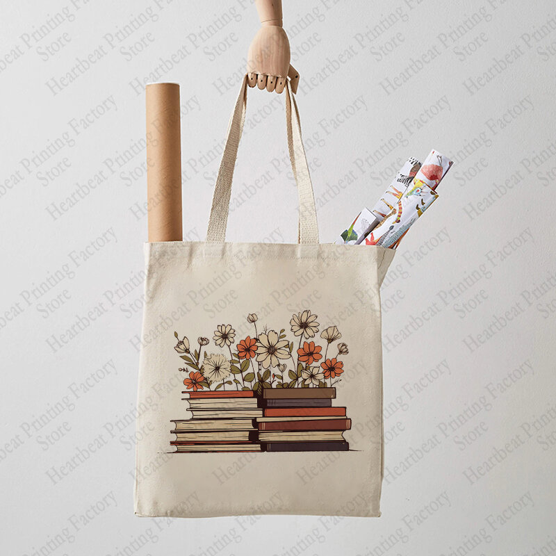 Bolso de mano con patrón de libro de flores para mujer, bolsa de hombro de lona para diario, regalo de amante de libros, bolsa de compras reutilizable