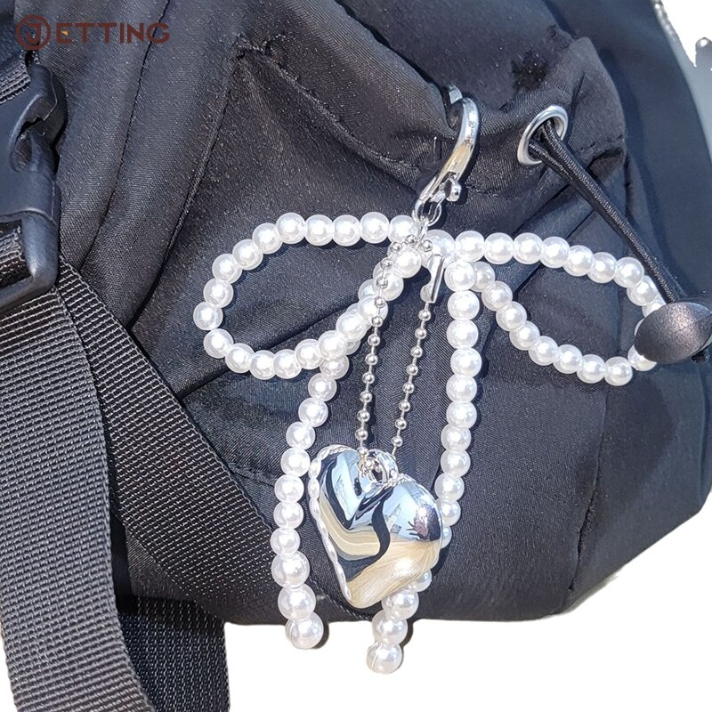 Portachiavi coreano con fiocco di perle dolci portachiavi con ciondolo a forma di cuore Y2K portachiavi estetico per accessori per ciondolo borsa per ragazze