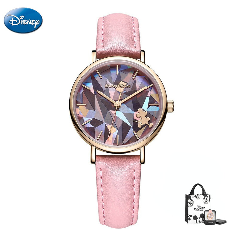 Disney Giftミッキーの女の子の幾何学的セクションガラスダイヤモンドファセット防水クォーツ時計ボックス付き女性