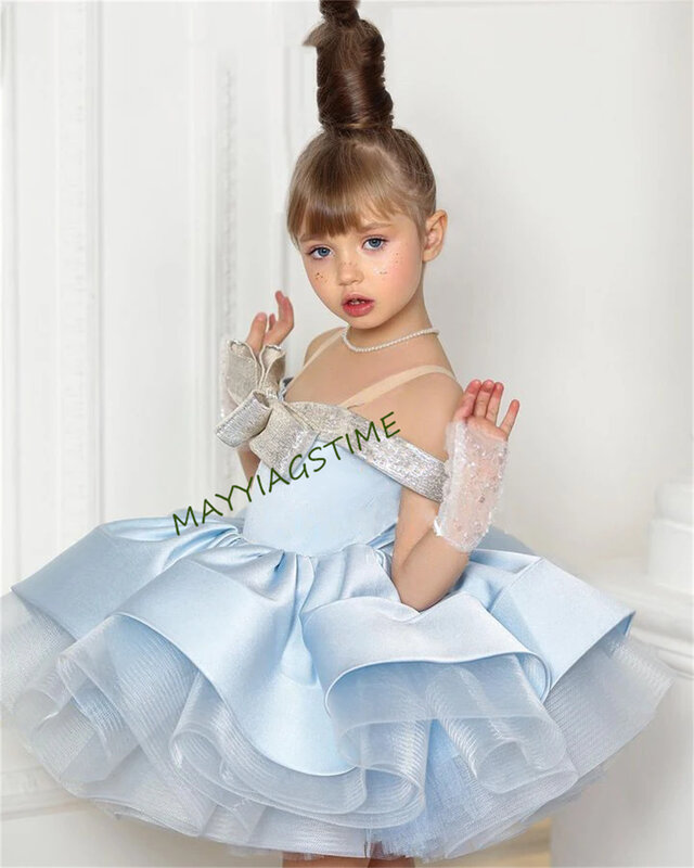 Błękitna bufiasta sukienka dla dziewczynki bez ramiączek sukienki dziecięce z odkrytymi ramionami do kolan sukienki dla dziewczynek sukienki dla dziewczynek w kwiaty
