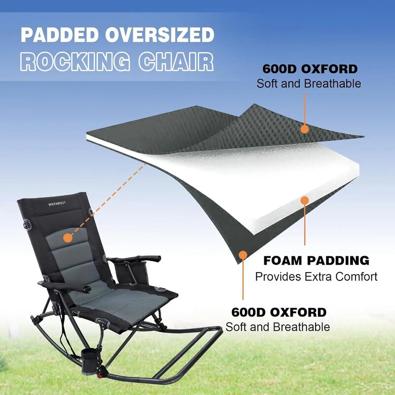 Folding Rocking Camping Chair with Foot Rest Portable Oversized Padded Rocking Chair for Outdoor Camp, Garden, Lawn