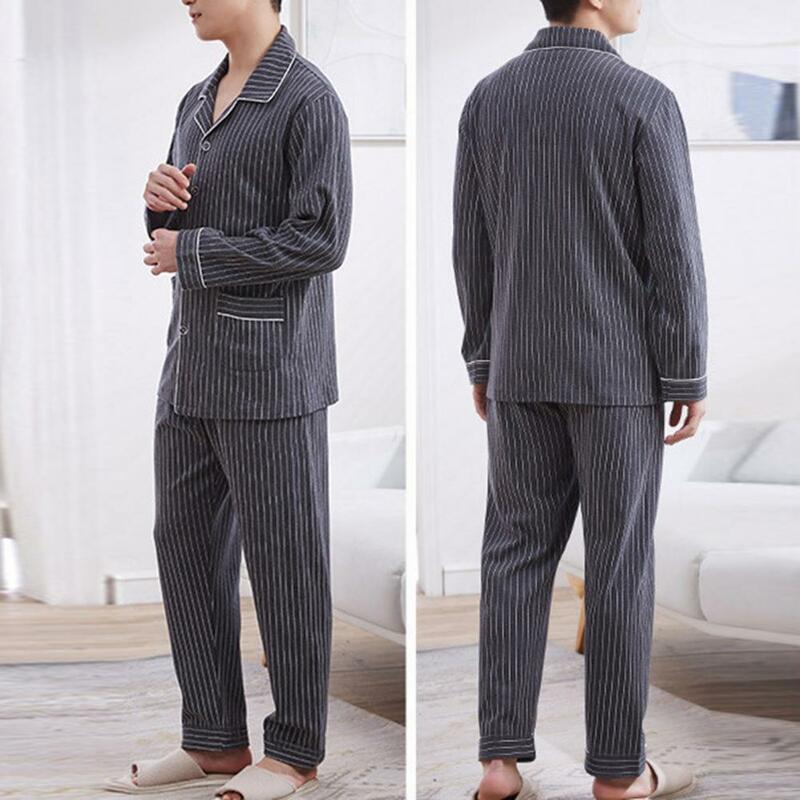 คอปกเสื้อลายทางมีกระดุมปิดเซ็ทชุดนอนชุดนอนของผู้ชายกางเกงขาบานทรงหลวมใส่สบายสำหรับใส่อยู่บ้าน