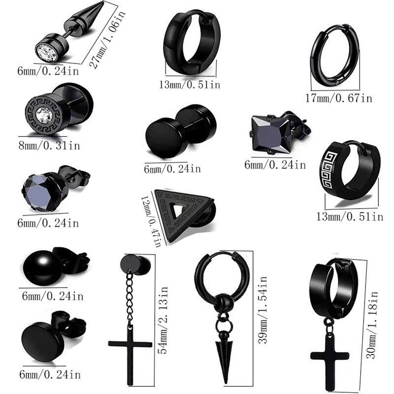 16 Pairs Men's Earrings Set, Black Stainless Steel Cross Pendant Hoop & Stud Earrings, Piercing Jewelry, Suitable For Birthday P