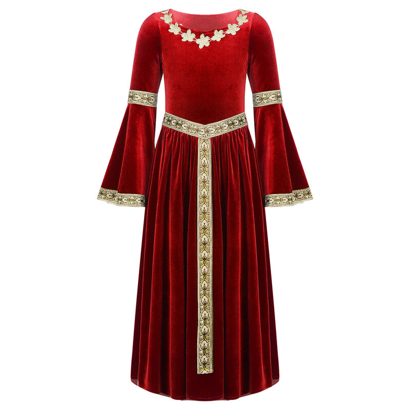 Детское винтажное платье макси для девочек, Бандажное платье эпохи Возрождения, женское платье с длинным расширяющимся книзу рукавом и ремешком в стиле ретро, костюмы