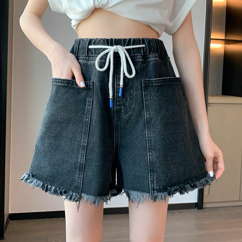 2024 primavera/estate edizione coreana nuovi grandi pantaloncini di jeans neri larghi a vita alta che dimagriscono pantaloncini Casual a gamba larga a-line