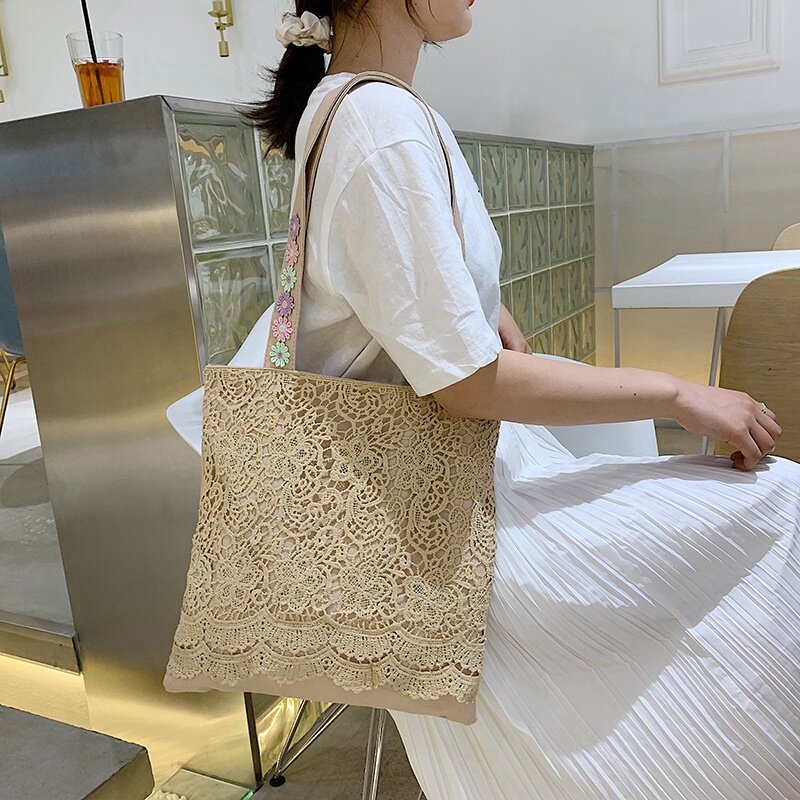 Women'S Shoulder Bag Summer Lace Large Capacity Canvas Tote Women'S Embroidered Tote Bag