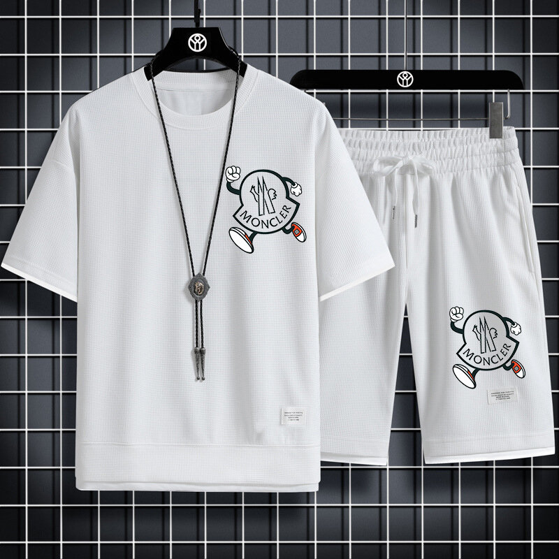 Camisa e shorts confortáveis dos desenhos animados estampados masculinos, moda casual, conjunto de 2 peças