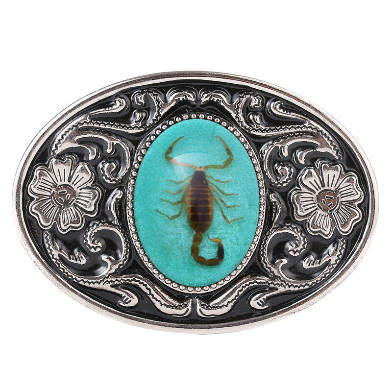 Hebilla de cinturón de escorpión de animal con patrón floral de aleación plateada, accesorios para jeans