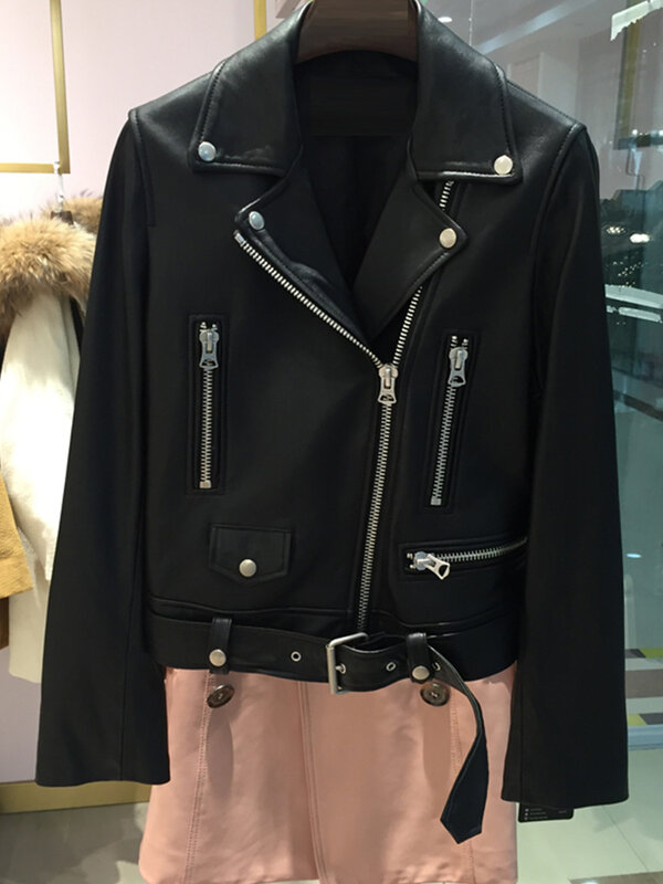 FTLZZ-Chaqueta de cuero sintético para mujer, abrigo corto con cinturón y cremallera, estilo Bomber Punk negro, prendas de vestir de piel sintética para otoño
