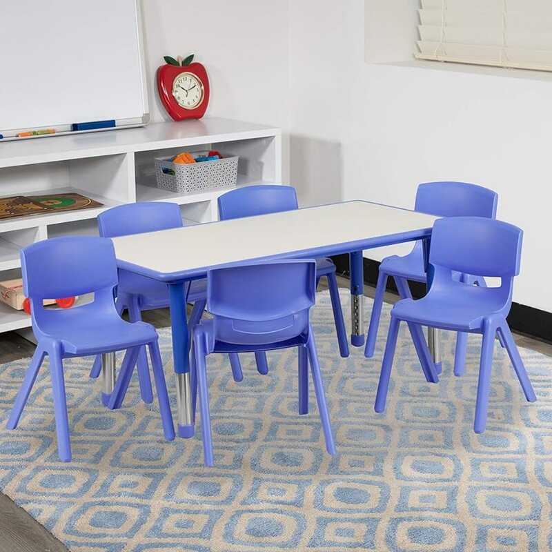 Table d'Activité Réglable Rectangulaire en Plastique Bleu, avec 6 Chaises, Sans Fret, pour Bébé, 23.625x47.25 L