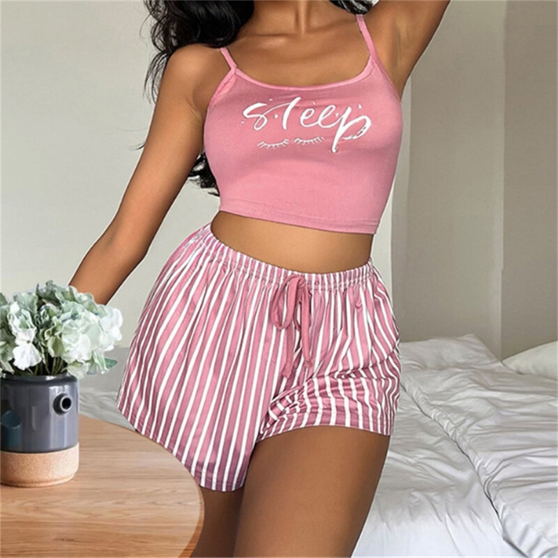 Summer Sexy Women Pajamas Set Camisole Sleepwear Cotton Home Clothes Tops And Shorts Cute Soft Sleeveless Nightwear For Female