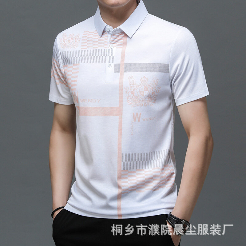 Camisa polo de manga curta masculina, camisa polo respirável, estampa média e jovem, tendência da moda, verão, novo, 2024