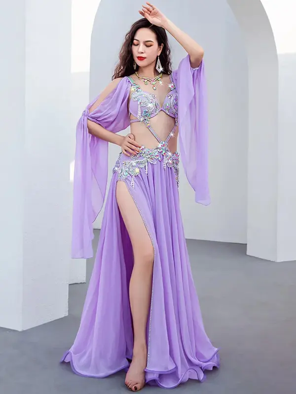 Costume da danza del ventre da donna adulto Sexy Mesh Flowing Performance reggiseno gonna tuta Popsong apertura Dancewear abbigliamento da competizione