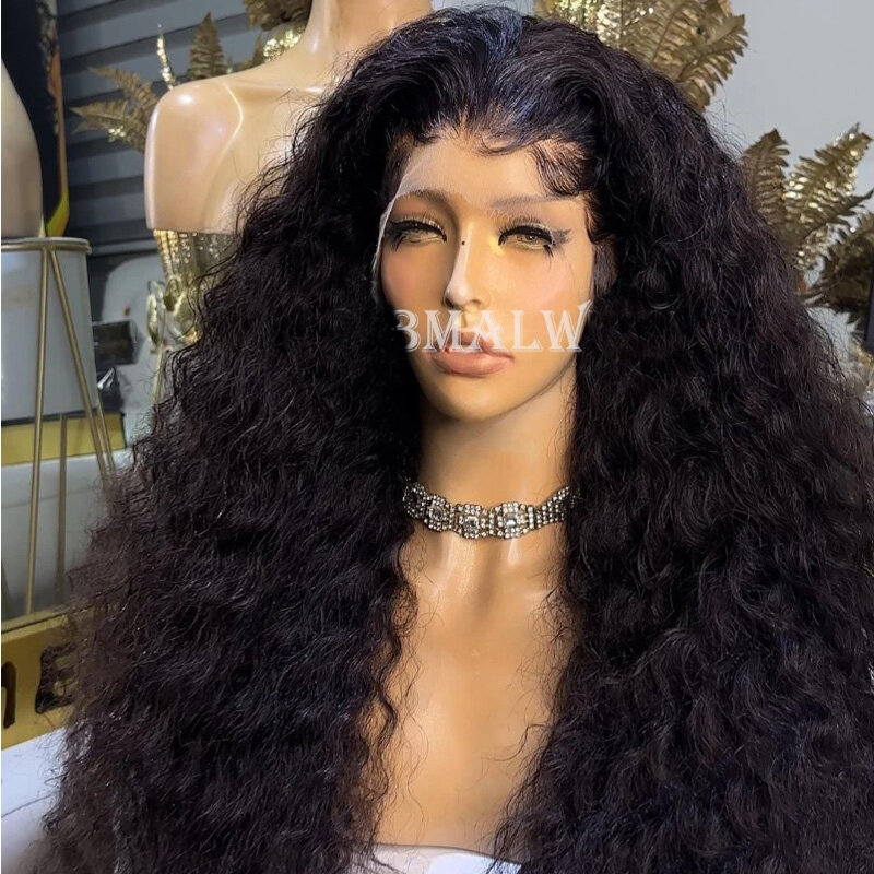 Kinky encaracolado peruca dianteira do laço para mulheres, onda solta, sem cola, macio, natural, cor preta, cabelo do bebê, pré-arrancadas, 180 densidade, 26 "longo