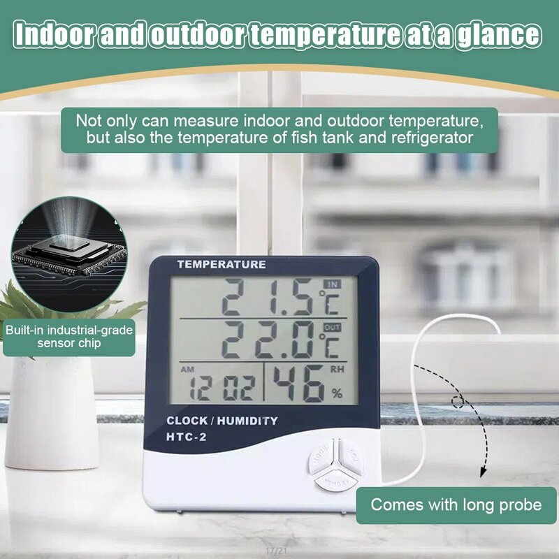 Oauee-medidor electrónico Digital de temperatura y humedad, termómetro para interiores y exteriores, higrómetro, estación meteorológica, reloj, HTC-1, HTC-2