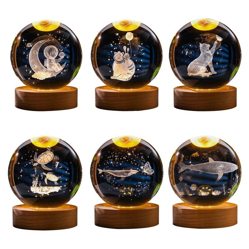 6cm Clear Ball Night Light Projection Lamp Wooden Base for Teens Boys Girls