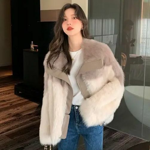 Lichte Luxe Korea Dames Nepbontjas Verdikte Warme Outwear Dames Losse Casual Mode Patchwork Outcoat All-Match Jacket