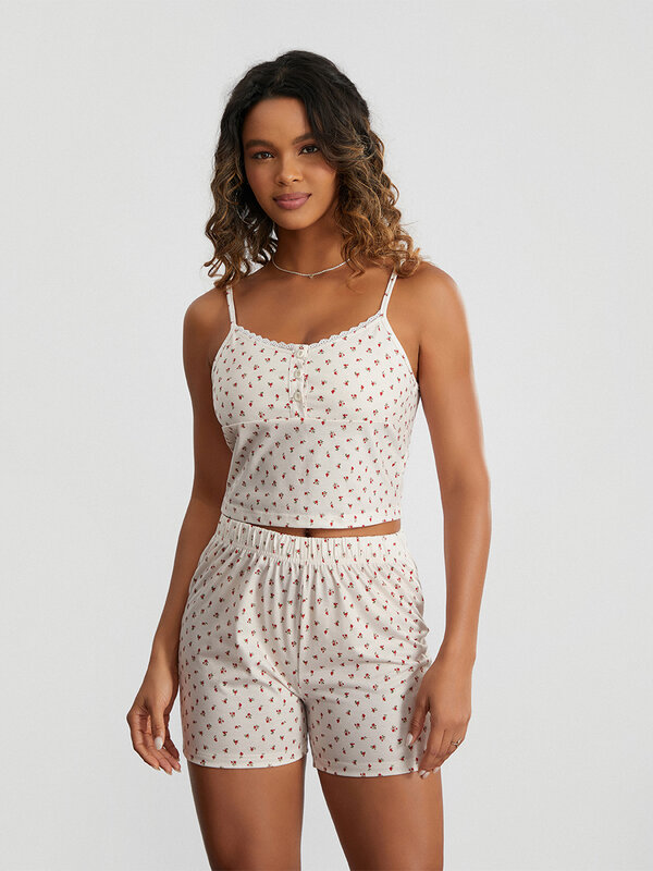 Pijama sem mangas com design floral feminino, conjunto de duas peças com botão frontal e calção