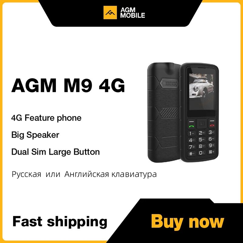 Téléphone portable AGM M9 avec clavier anglais, téléphone à bouton 4G, grand bouton, écran 2.4 pouces, téléphone portable pas cher pour les touristes et SIM