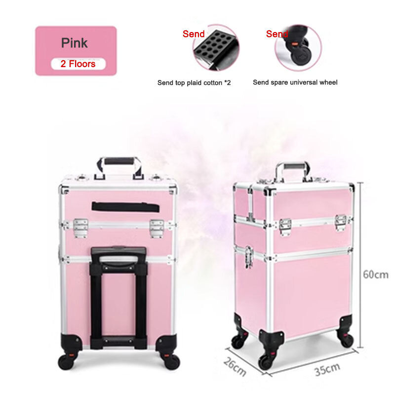 2 Layers Pull Rod Toolbox Portable Cosmetics Organizer Removable Makeup Box With Universal Wheel Large Capacity Nail Art Storage