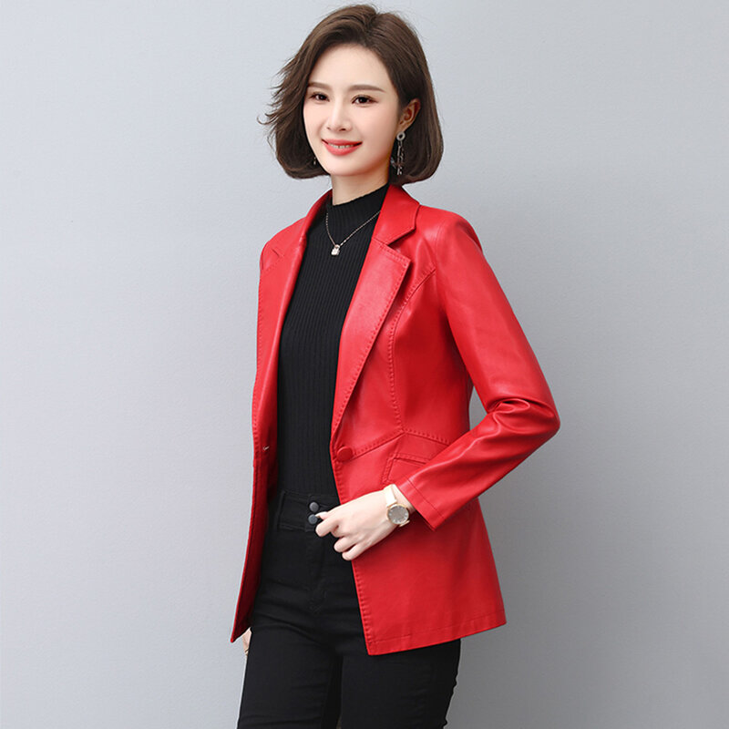 새로운 여성 가죽 블레이저 봄 가을 우아한 패션 싱글 버튼 날씬한 예쁜 양가죽 재킷 두꺼운 겉옷 사이즈 M-5XL