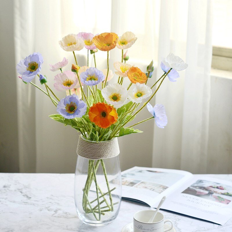 Flores artificiales de seda de amapola, tallo largo, decoración de ramo de novia, mesa de jardín de inauguración de la casa, boda, fiesta DIY