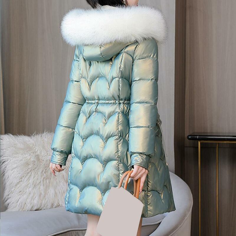 Casaco de algodão feminino com capuz de pele sintética, slim fit, design à prova de vento, fica aquecido, inverno