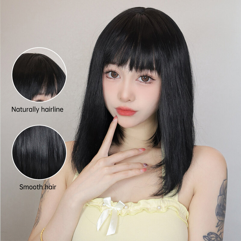 SNQP Short Straight Synthetic Wig with Bangs 12inch Black Wig for Women Daily Cosplay Use Heat Resistant Breathable Headband