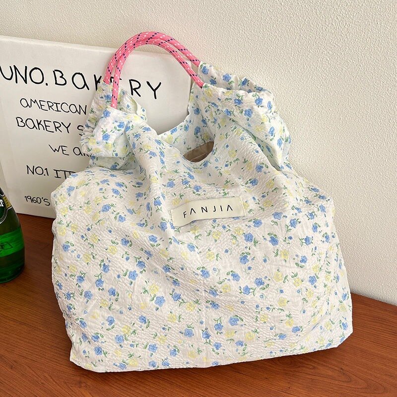Korean Version Ins Floral Cloth Bag Large Capacity Folding Portable Canvas Bags Women Summer Thin Beach Bag Fashion Shopping Bag