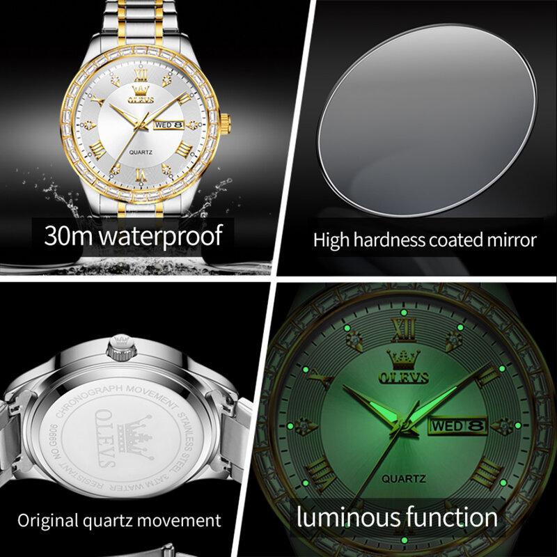 OLEVS-9906 Stainless Steel Quartz Watch, Round Dial Pulseira, Week Display, Calendário, Presente de Moda