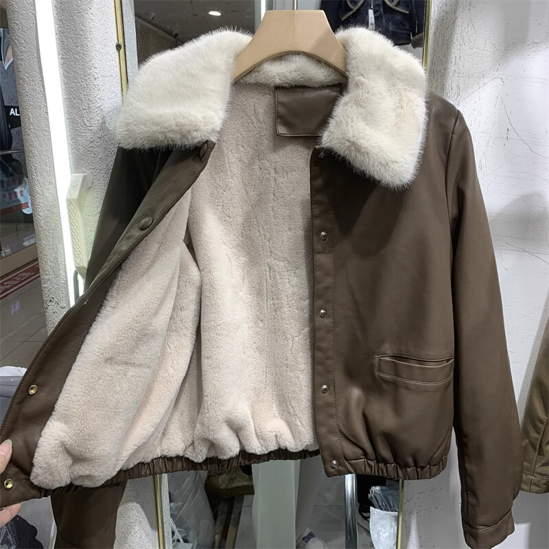 Jaket kulit Pu tebal untuk wanita, jaket kulit Pu, jaket mantel tebal, atasan pendek, kerah wol besar, jaket kulit musim gugur, musim dingin